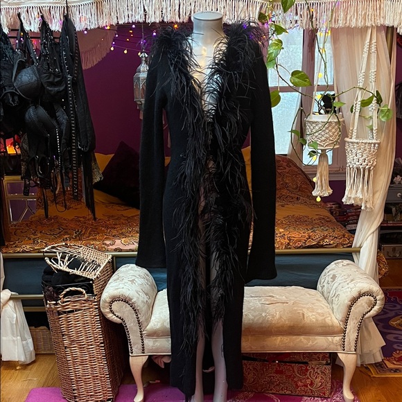 Vintage Jackets & Blazers - Vintage Goth black marabou feather trim mohair wool cardigan duster jacket